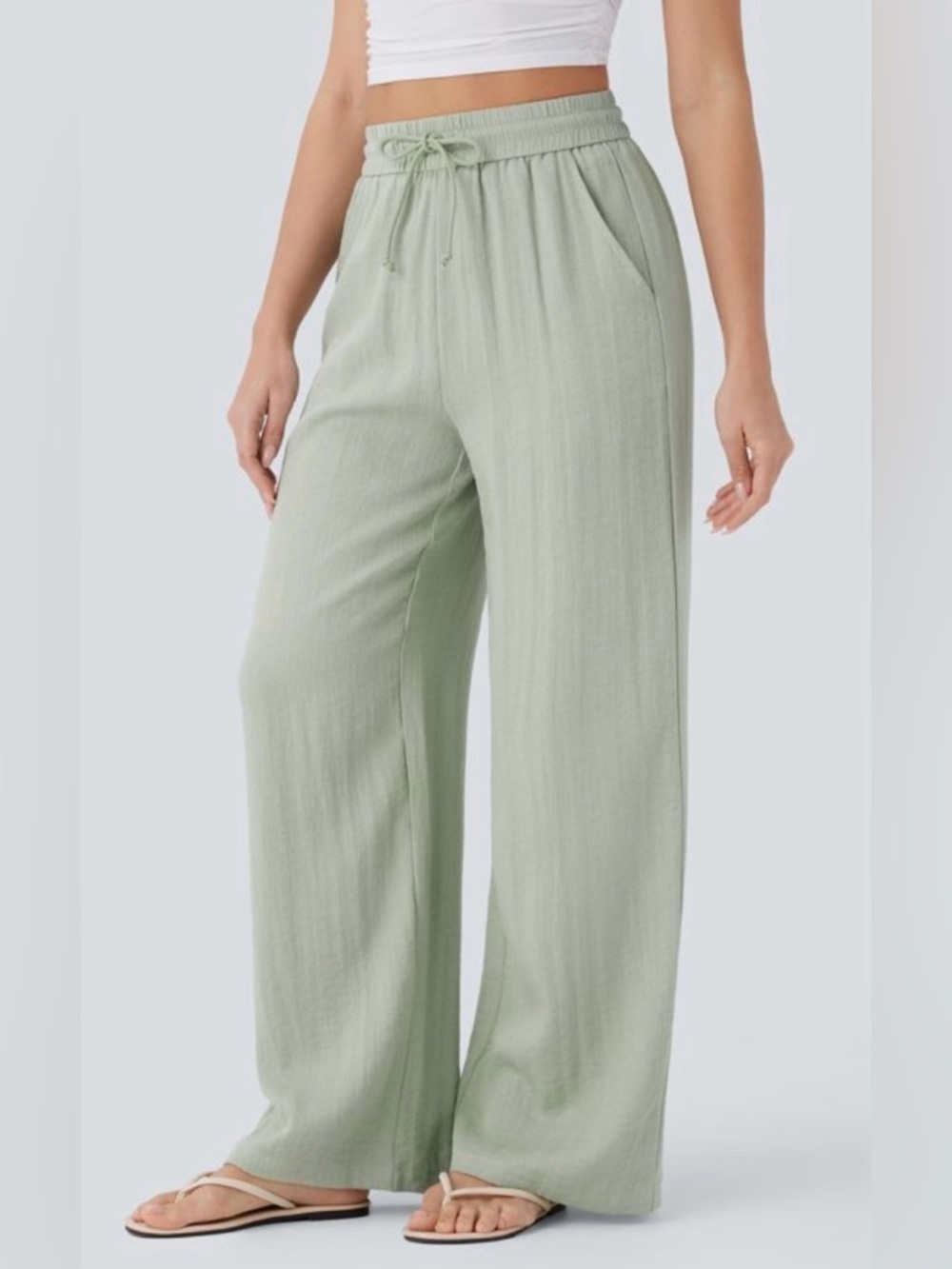 High Waisted Drawstring Pocket Wide Leg Casual Linen-Feel Pants - Picture 3 of 6